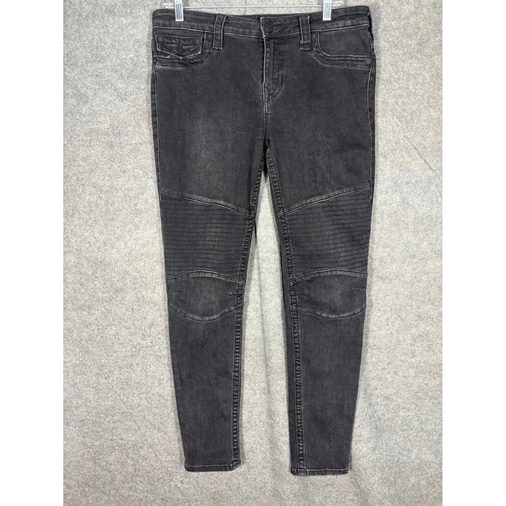True Religion Mens Super Skinny Moto Jeans Faded Black Ribbed Knee